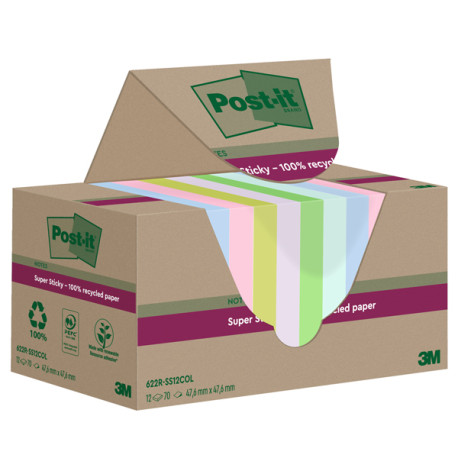 Blocco foglietti Post it  SuperSticky Green - 622R-SS12COL - 47,6 x 47,6 mm - carta riciclata - colori pastello assortiti - 70 