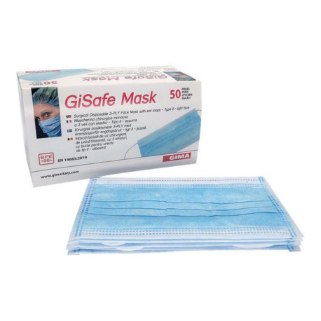 GIMA GISAFE - Maschera chirurgica - usa e getta - tessuto non tessuto - blu chiaro - Classe 1 (pacchetto di 50)