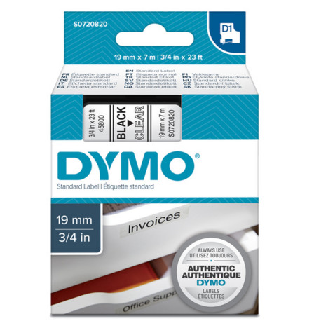 Nastro D1 458000 - 19 mm x 7 mt - nero/trasparente - Dymo