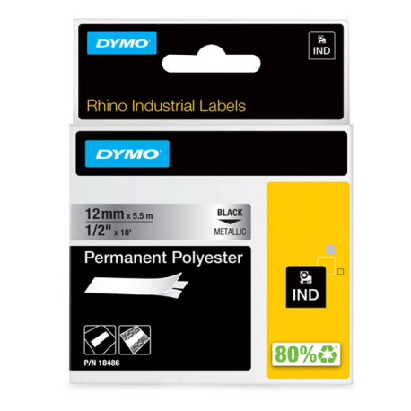 Nastro Rhino 18486 - 12 mm x 5,5 mt - poliestere - permanente - nero/metallo - Dymo