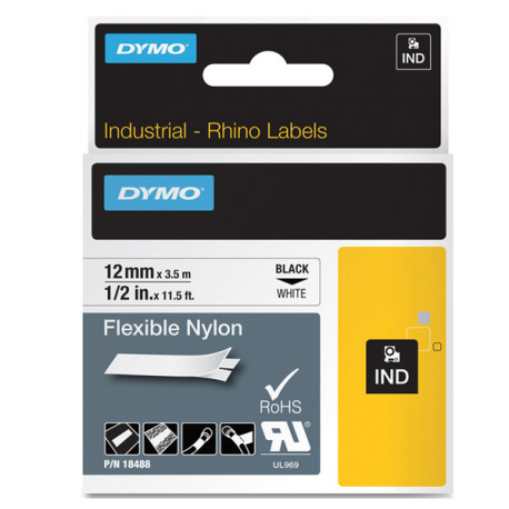 Nastro Rhino 18489 - 19 mm x 3,5 mt - nylon flessibile - nero/bianco - Dymo