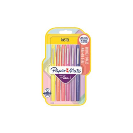 Paper Mate FLAIR - Penna punta in fibra - colori pastello assortiti - 0.7 mm - medio (pacchetto di 6)