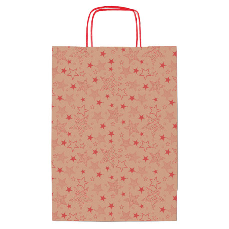 Shopper natale - 26 x 12 x 36 cm - carta kraft - fantasia stelline - rosso - Sadoch