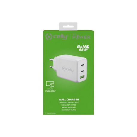 Celly ProPower - Alimentatore - 65 Watt - 3 connettori di uscita (USB, USB-C) - bianco - Europa